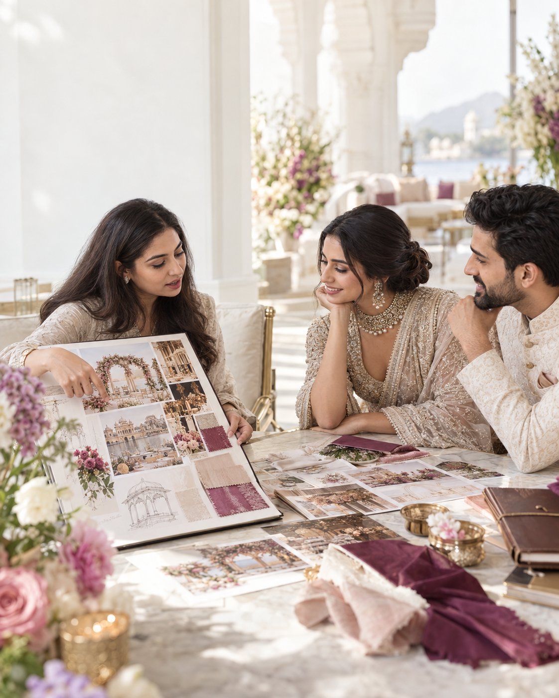 Aishal wedding planner discussing a bespoke wedding concept with an Indian couple